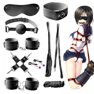 Fancial Sex Bondage BDSM Restraints 10 Pcs Set SM Adult Games Cuffs Gag Blindfold Spanking Paddle Black Sex Toys for Women and Couples (SM02)